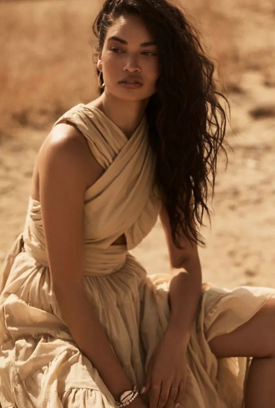 Erika Pena Selma Tan Wrap Mini Dress